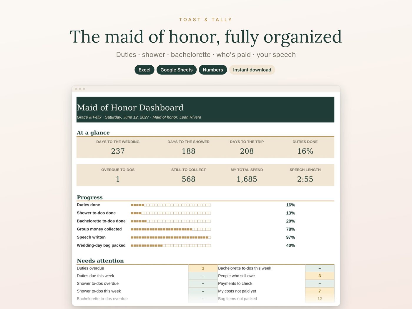 The maid of honor, fully organized