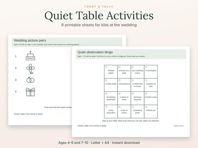 Wedding Table Quiet Activity Placemat Kit