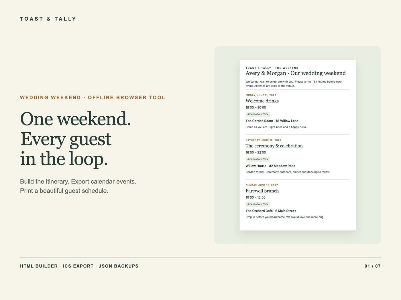 Your wedding weekend, ready for everyone’s calendar